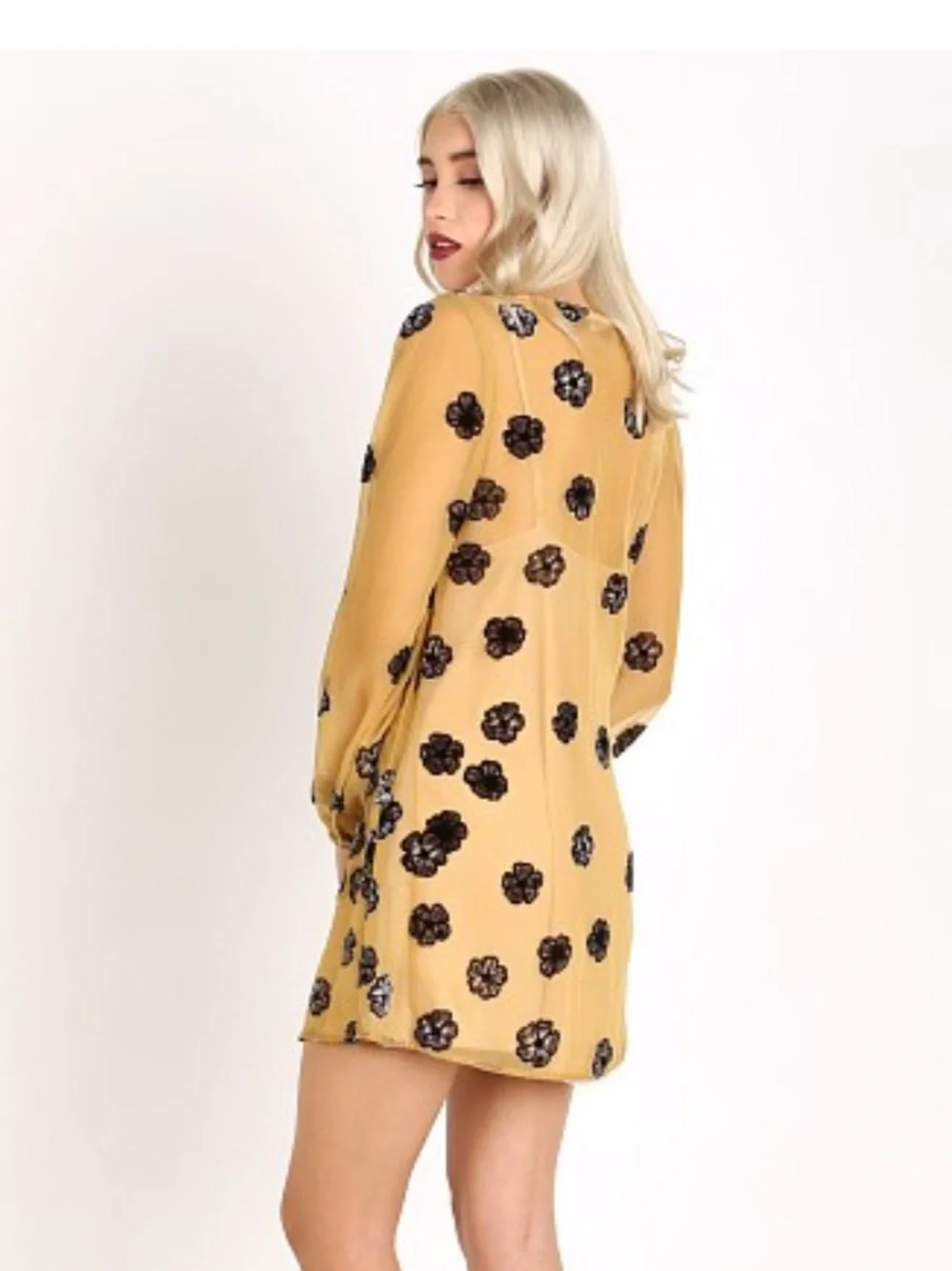 For Love And Lemons Sierra mini Dress in Mustard with Black Floral Appliqué - Picture 2 of 4